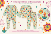 Product image is a digital mockup created to showcase our new Diwali print. Final footie and pajama set will feature our standard Clover construction and details. Print scale and placement may vary slightly from the image shown.