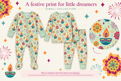 Product image is a digital mockup created to showcase our new Diwali print. Final footie and pajama set will feature our standard Clover construction and details. Print scale and placement may vary slightly from the image shown.
