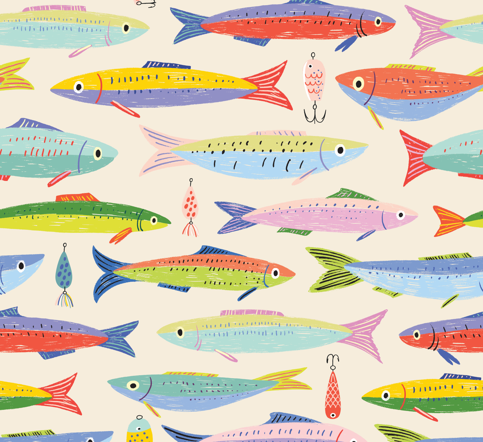  playful, coastal-inspired illustration featuring hand-drawn fish and vintage fishing lures in a lively mix of sun-washed colors.