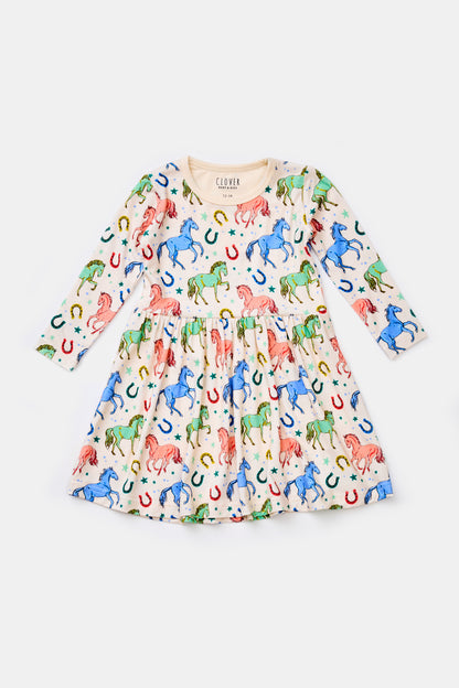 Stretchy Long Sleeve Twirl Dress - Horses