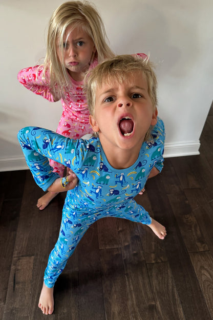 Long Sleeve Pajama Set - Monkeying Around Blue