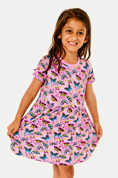 Stretchy Short Sleeve Twirl Dress - Butterflies