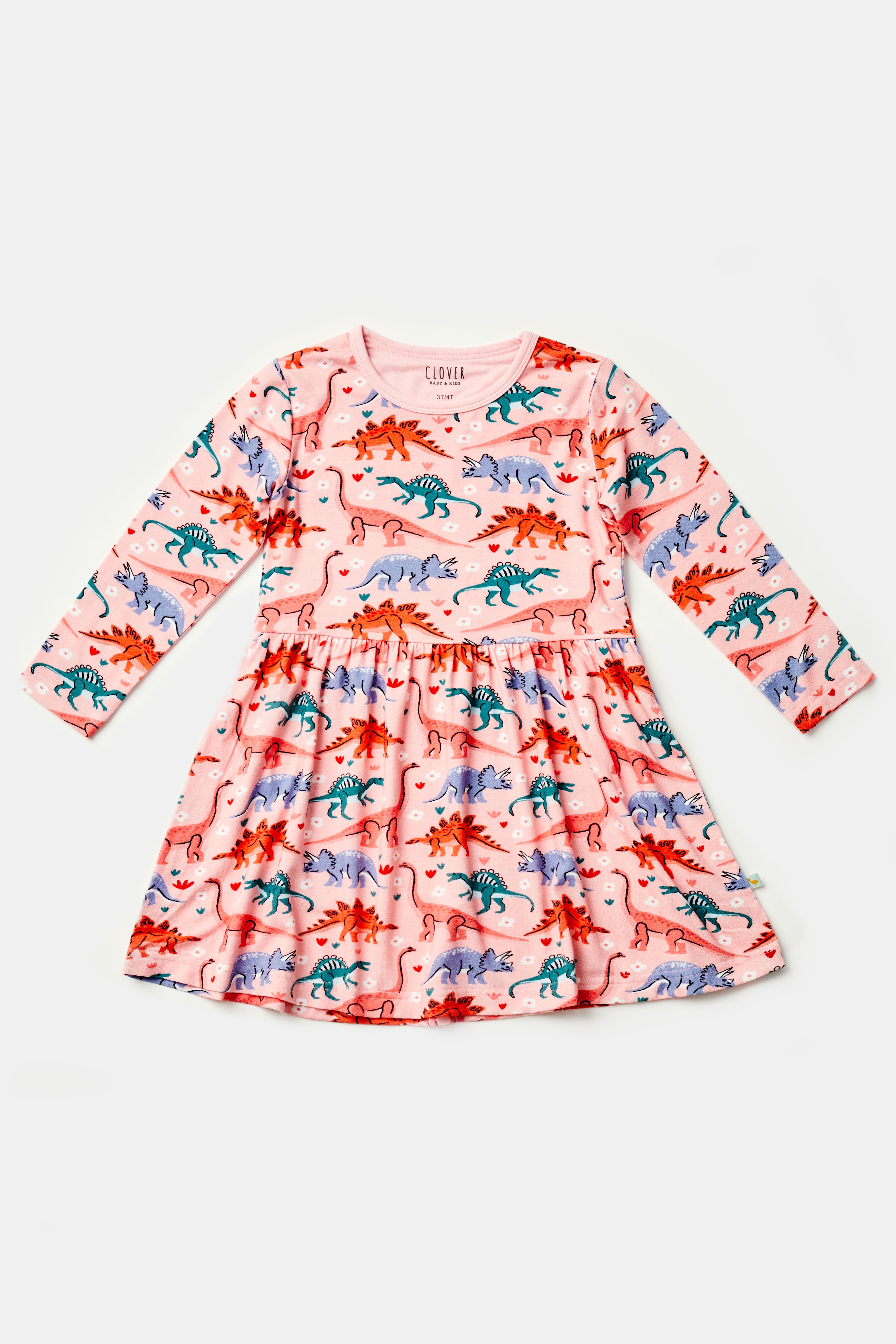 Stretchy Long Sleeve Twirl Dress - Dinosaur Garden