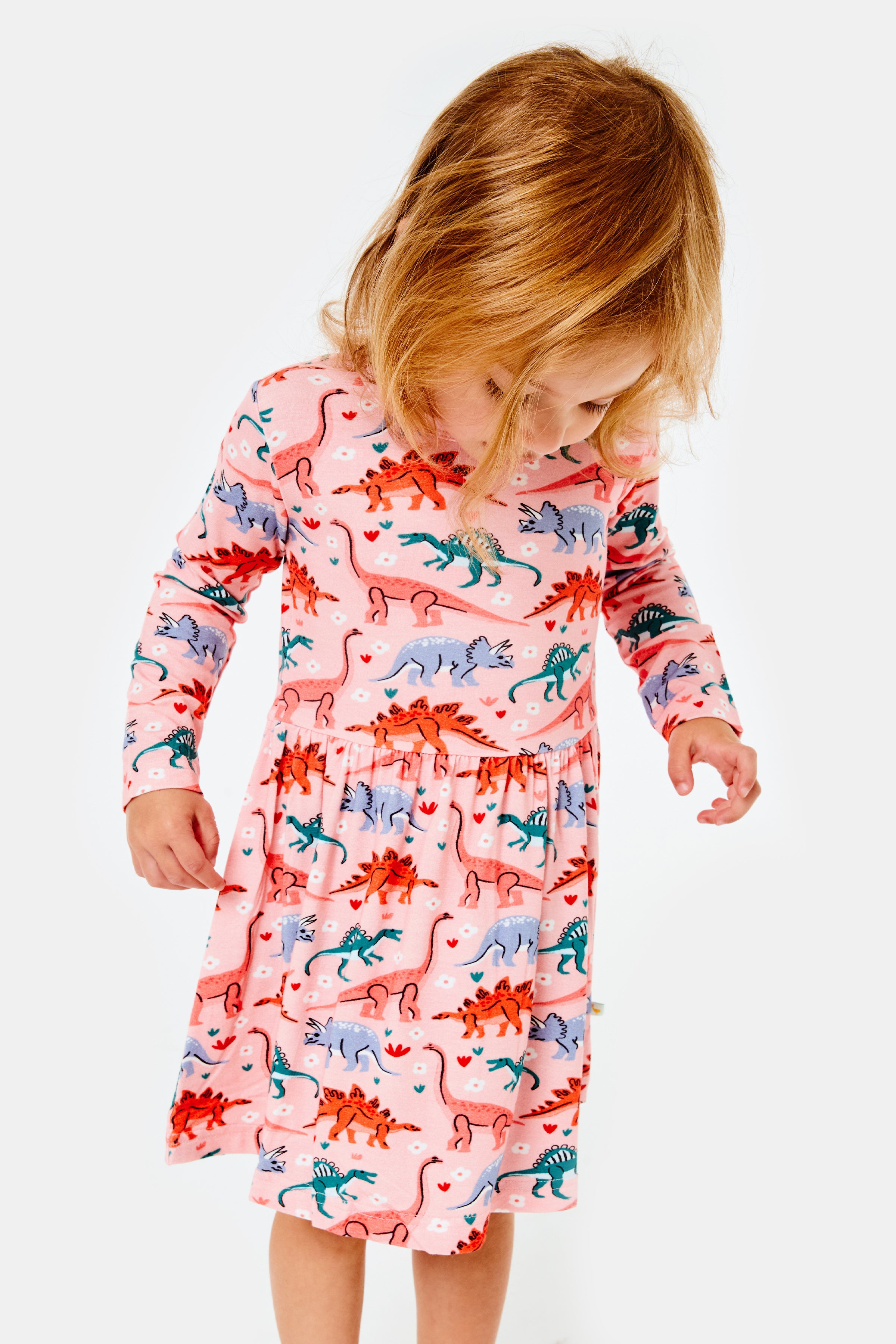 Stretchy Long Sleeve Twirl Dress - Dinosaur Garden