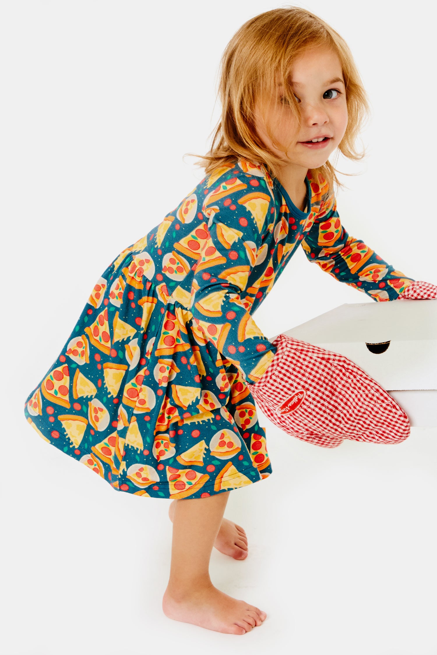 Stretchy Long Sleeve Twirl Dress - Pizza Party