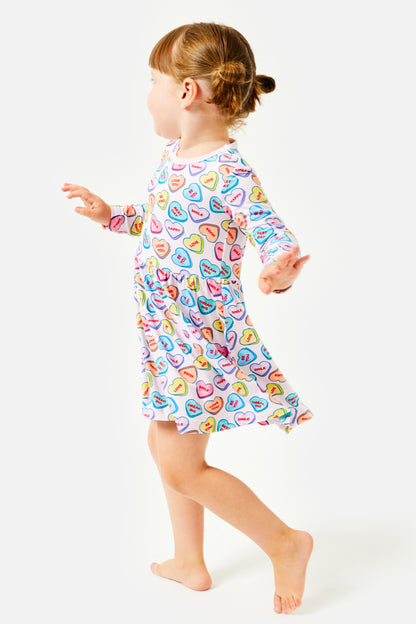 Stretchy Long Sleeve Twirl Dress -  Candy Hearts