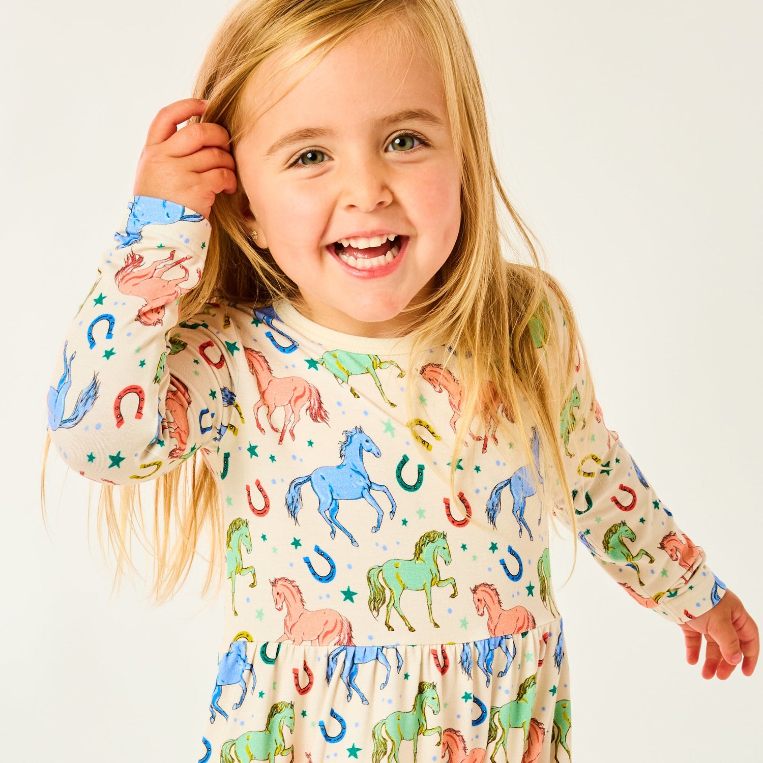 Stretchy Long Sleeve Twirl Dress - Horses