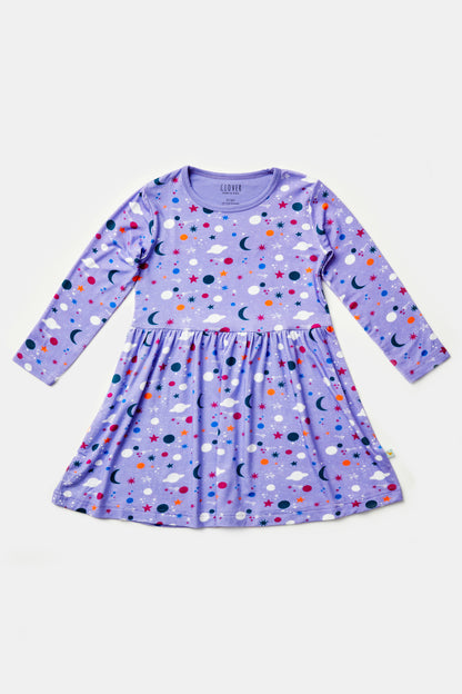 Stretchy Long Sleeve Twirl Dress - Luna Lavender