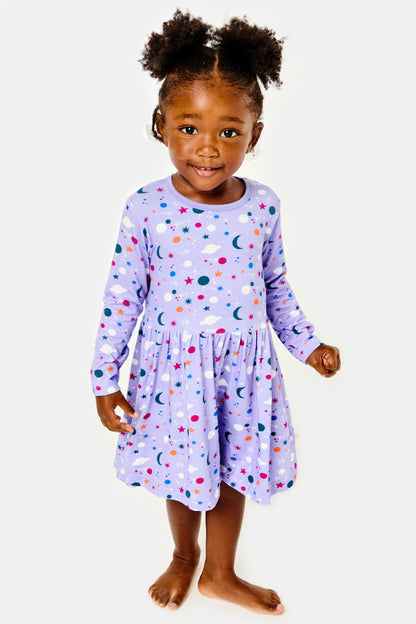 Luna Lavender | For Baby & Toddlers | 2/3T | Purple - Stretchy Long Sleeve Twirl Dress | Clover Baby and Kids Luna Lavender | For Baby & Toddlers | 2/3T | Purple - Stretchy Long Sleeve Twirl Dress | Clover Baby and Kids
