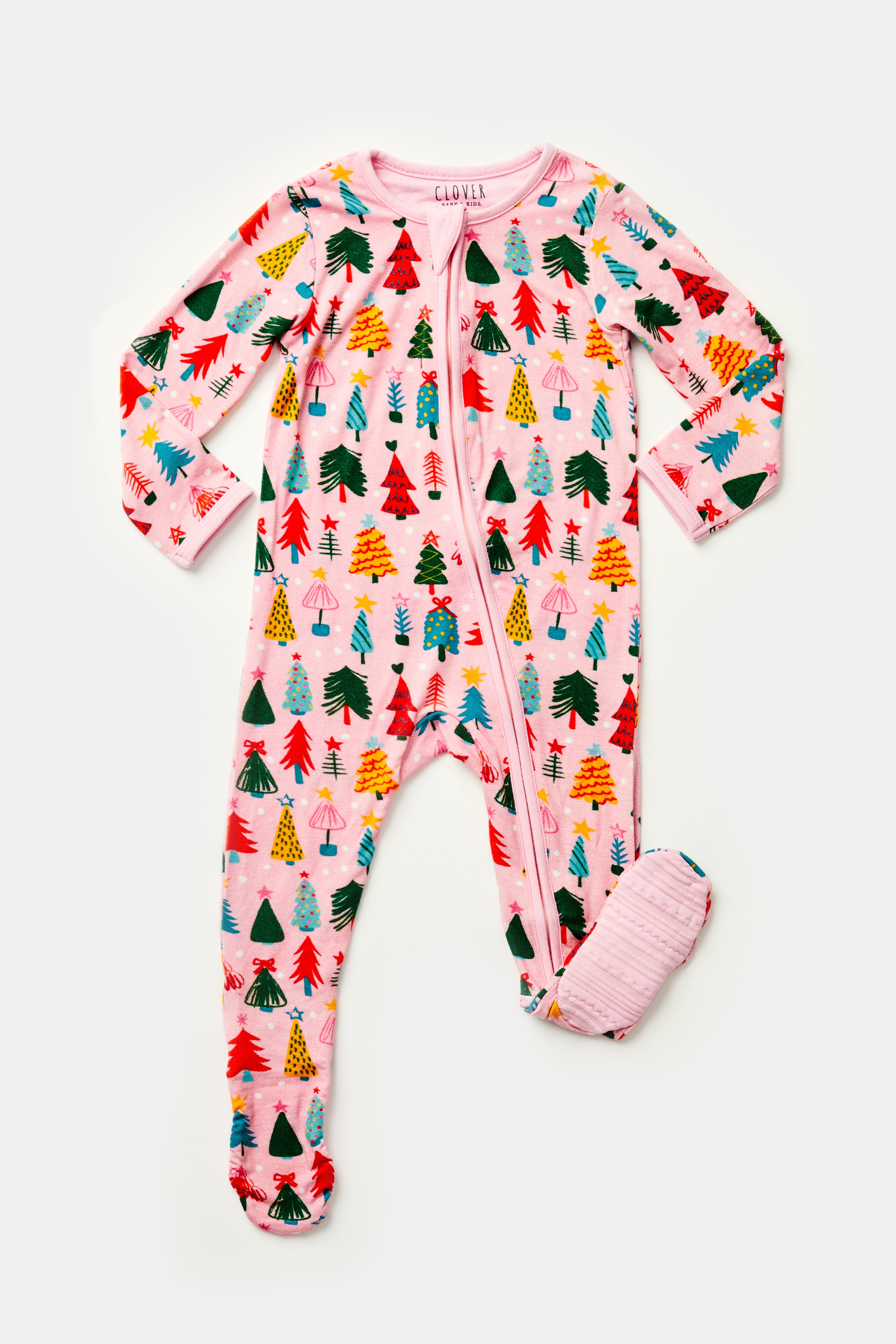 Soft &amp; Stretchy Zipper Footie - Christmas Trees Pink