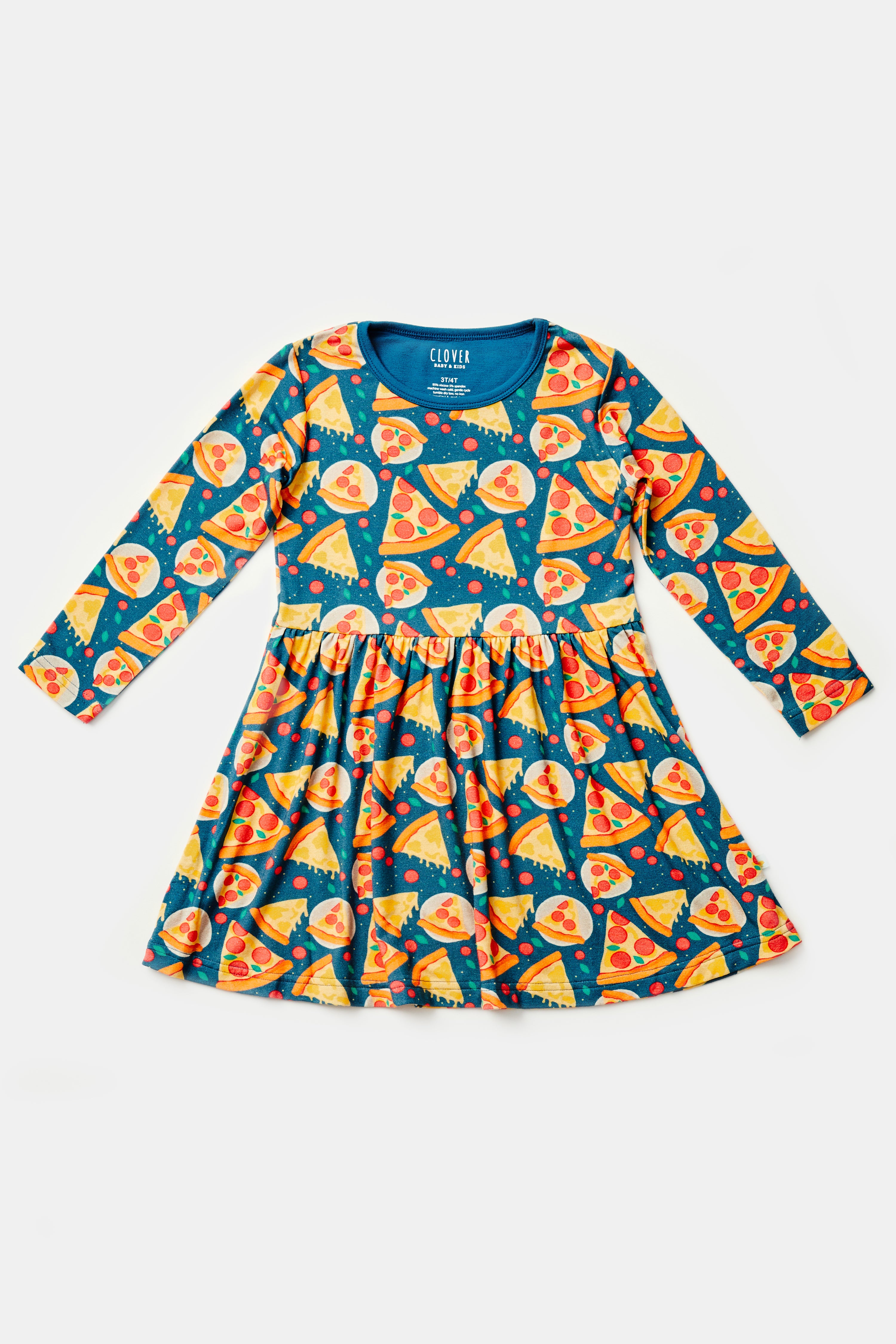 Stretchy Long Sleeve Twirl Dress - Pizza Party