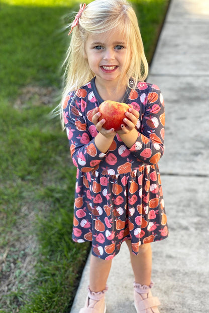 FINAL SALE Stretchy Long Sleeve Twirl Dress - Apples