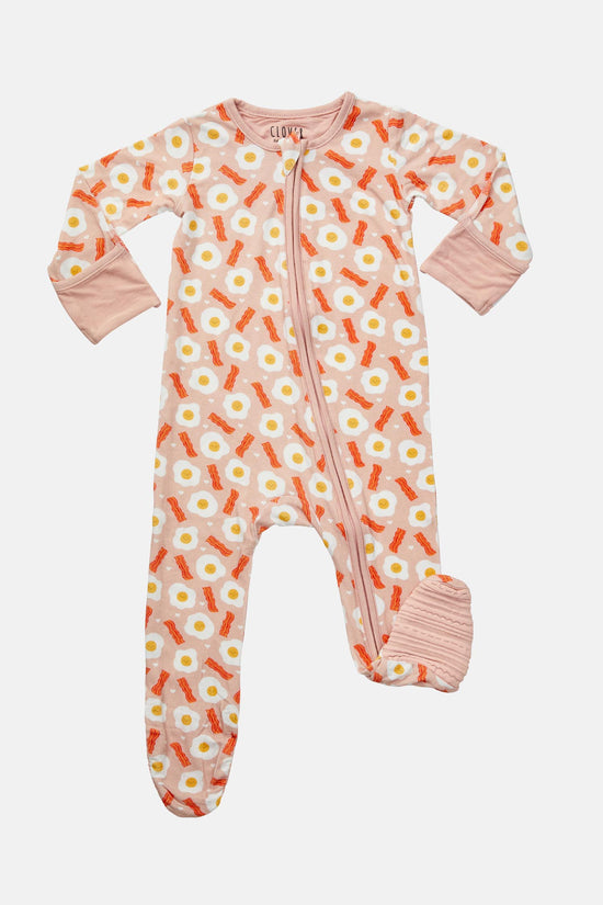 Soft & Stretchy Zipper Footie - Bacon & Eggs Pink